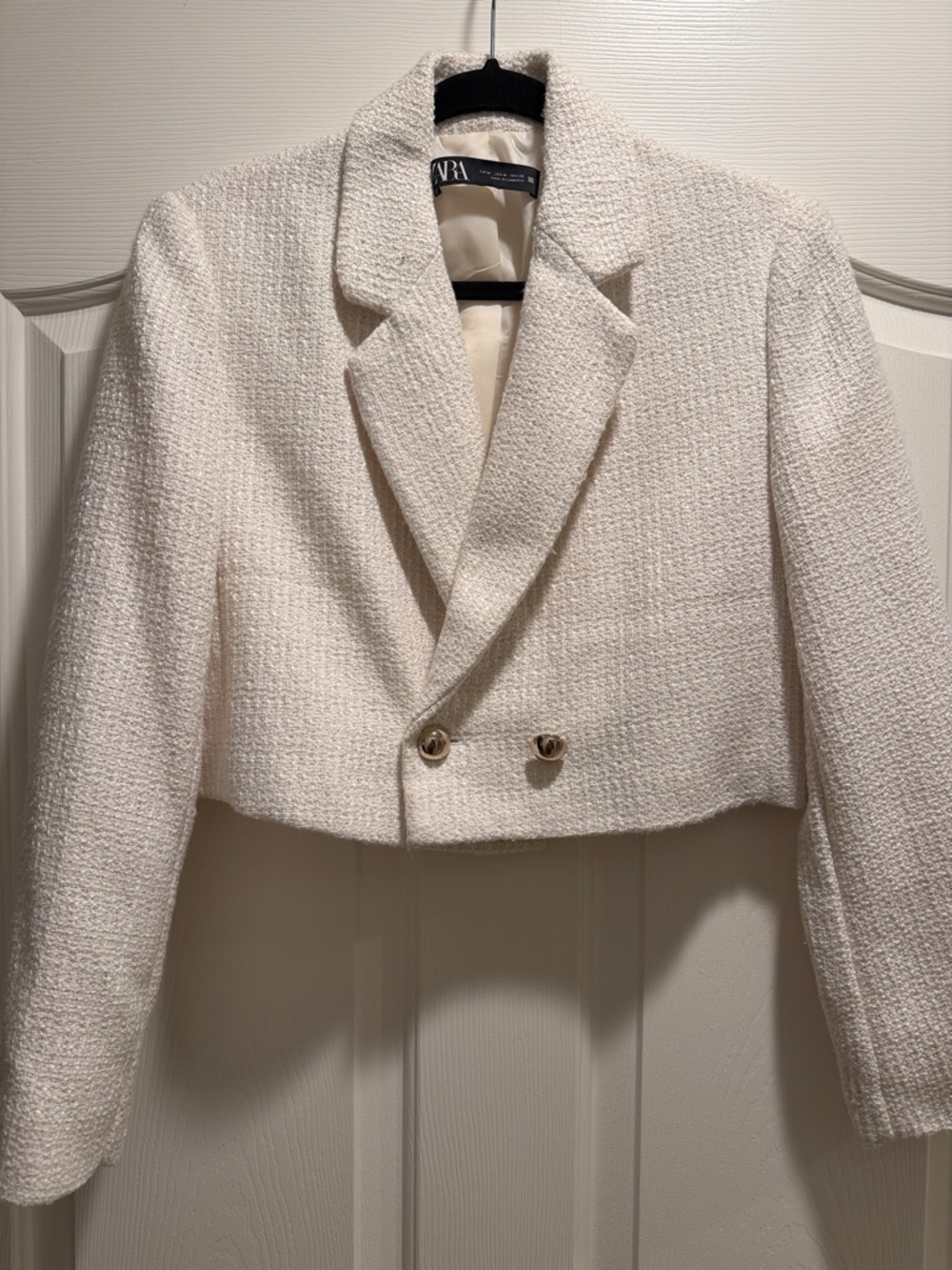 Zara Cream Cropped Bouclé Double-Breasted Blazer